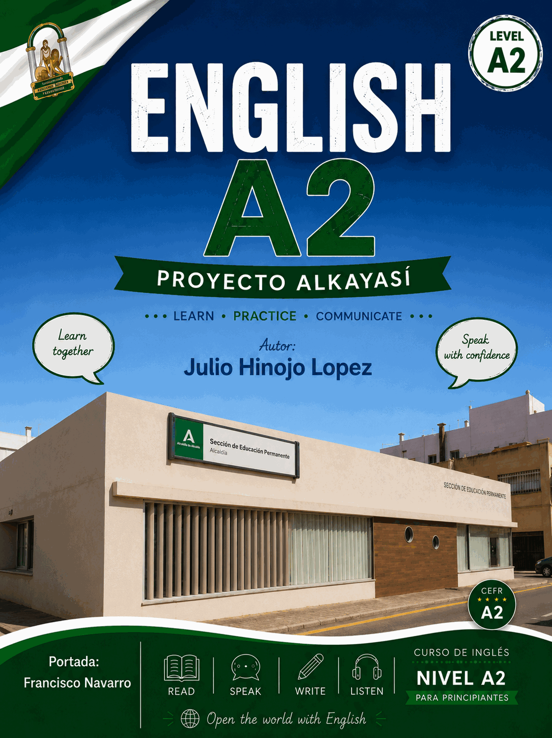 Portada del curso completo de inglés A2 — diseño de Francisco Navarro